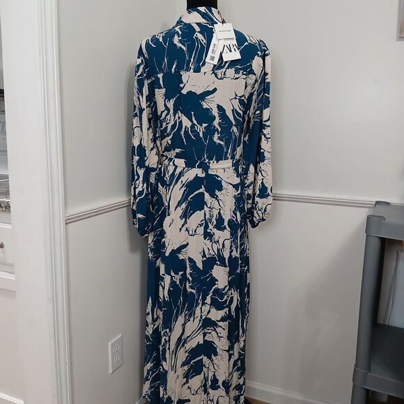 ZARA Women's Printed Shirt Dress With Pockets and Belt Tie Blue /White Sz XL New - Picture 7 of 13